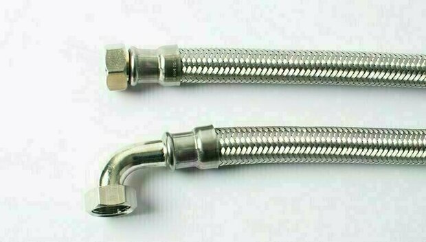 112576* - Flexibele aansluitslang RVS DN20 3/4" binnendraad x 3/4" binnendraad haaks