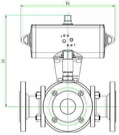 Omal THOR 3-way ball valve DN100 (4") L-port PN 16 Carbon steel A350 LF2 - DA pneumatic