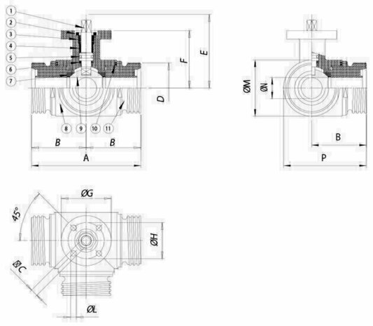 Omal THOR 3-way ball valve DN50 (2") L-port PN 16-40 Stainless steel 316 - free shaft end