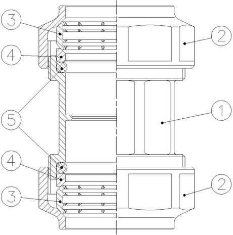 0022-06 - Snijringkoppeling 32x32mm klem messing - technische tekening