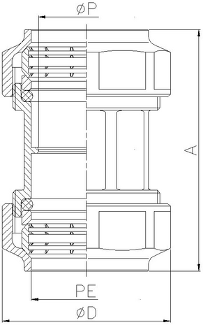 0022-06 - Snijringkoppeling 32x32mm klem messing - technische tekening