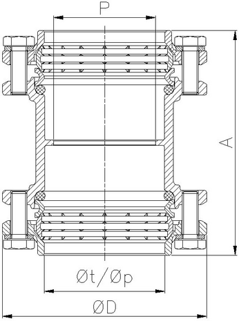 0022-06 - Snijringkoppeling 32x32mm klem messing - technische tekening