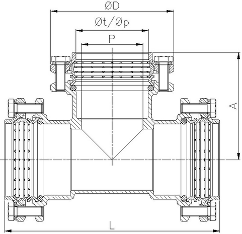 0032-06 - Snijring T-stuk 32x32x32mm klem messing - technische tekening