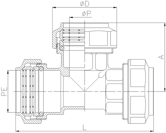 0032-08 - Snijring T-stuk 50x50x50mm klem messing - technische tekening