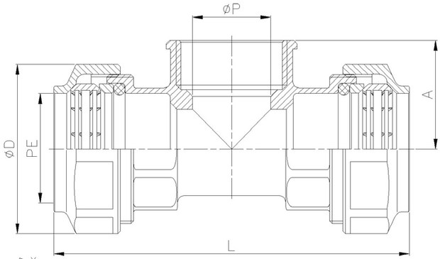 0037-07 - Snijring T-stuk 40x1-1/4"x40mm klem bi.dr. messing - technische tekening