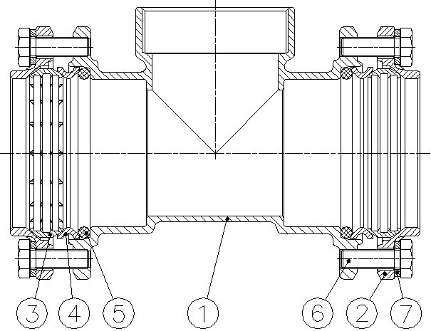 0037-08 - Snijring T-stuk 50x1-1/2"x50mm klem bi.dr. messing - technische tekening