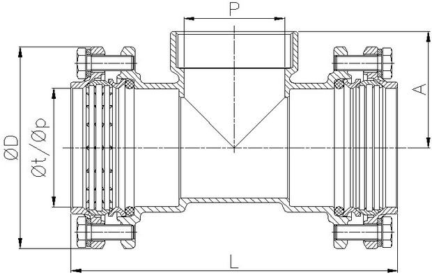 0037-11 - Snijring T-stuk 90x3"x90mm klem bi.dr. messing - technische tekening