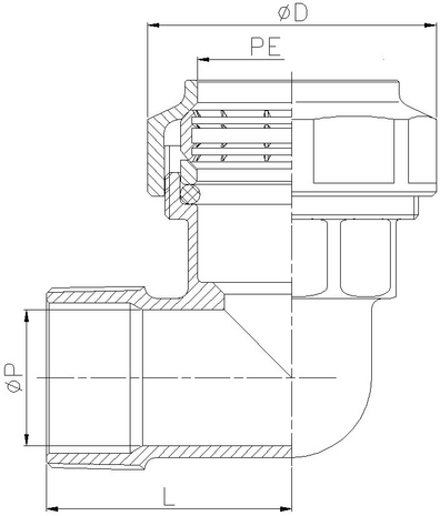 0042-04 - Snijring knie 20x1/2" klem bu.dr. messing - technische tekening