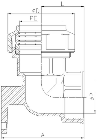 0049-06 - Muurplaat snijringkoppeling 32x1" klem bi.dr. messing - technische tekening