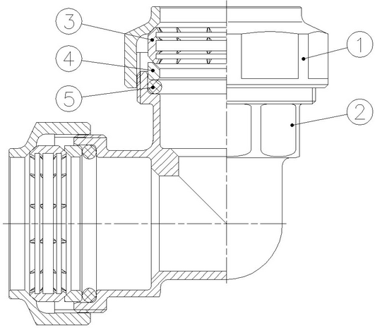 0052-04 - Snijring knie 90&deg; 20x20mm klem messing - technische tekening