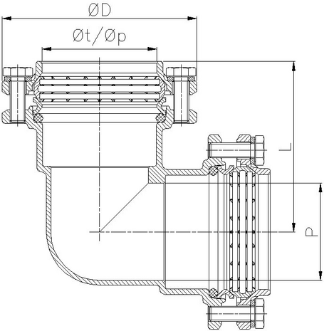 0052-04 - Snijring knie 90&deg; 20x20mm klem messing - technische tekening