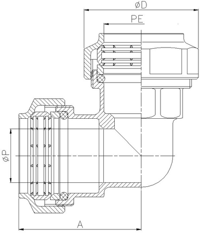 0052-10 - Snijring knie 90&deg; 75x75mm klem messing - technische tekening