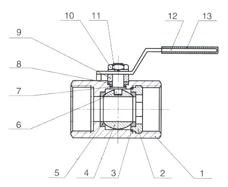 2001-02 - Kogelkraan 1/4" bi.xbi. RVS 316, 1-delig, PN63, vernauwde doorlaat - technische tekening