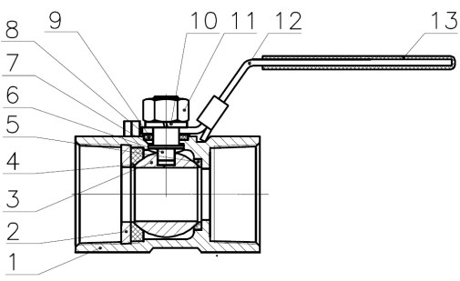 2004-06 - Kogelkraan 1" bi.xbi. RVS 316, 1-delig, PN63, vernauwde doorlaat - technische tekening