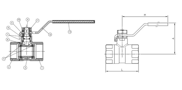 2011-06 - Kogelkraan 1" bi.x bi. RVS 304, PN40 - technische tekening