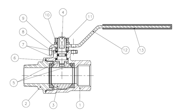 2013-02 - Kogelkraan 1/4" bi.x bu. RVS 316, PN63 - technische tekening
