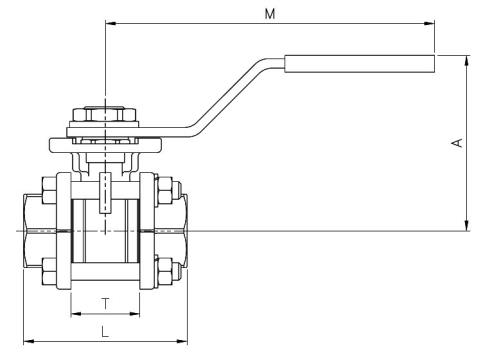 2025N-04 - Kogelkraan 1/2" NPT RVS 316, 3-delig bi.x bi. ISO 5211 PN63 - technische tekening