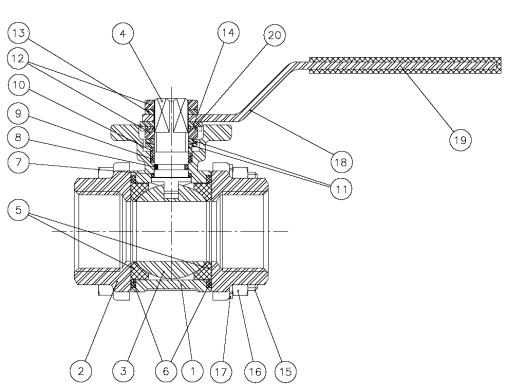 2025N-06 - Kogelkraan 1" NPT RVS 316, 3-delig bi.x bi. ISO 5211 PN63 - technische tekening