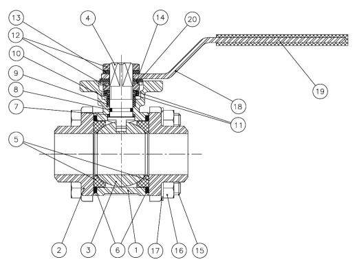 2026-02 - Kogelkraan 1/4" RVS 316, 3-delig BW aanlaseinden ISO 5211 PN63 - technische tekening