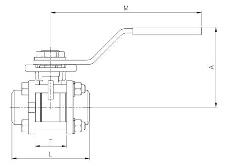 2026-02 - Kogelkraan 1/4" RVS 316, 3-delig BW aanlaseinden ISO 5211 PN63 - technische tekening