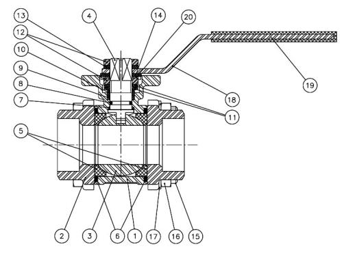 2027-05 - Kogelkraan 3/4" RVS 316, 3-delig SW moflaseinden ISO 5211 PN63 - technische tekening