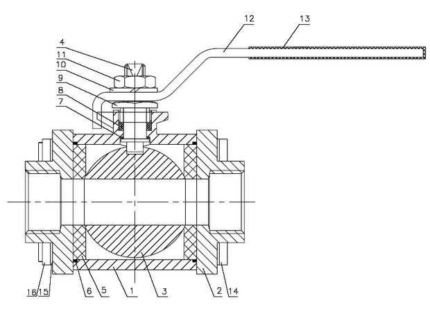 2034-08 - Kogelkraan 1-1/2" bi.dr. 1000WOG type 2034 3-delig - technische tekening