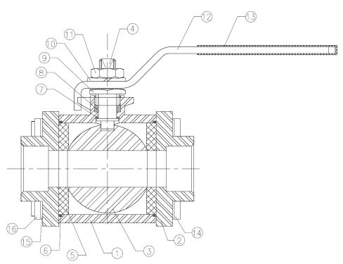 2034S-06 - Kogelkraan 1" laseinden 1000WOG type 2034S 3-delig - technische tekening