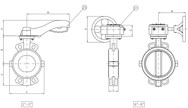 2101-13 - Vlinderklep DN125 GY PTFE + RVS 316 disc, PN16, PTFE - technische tekening