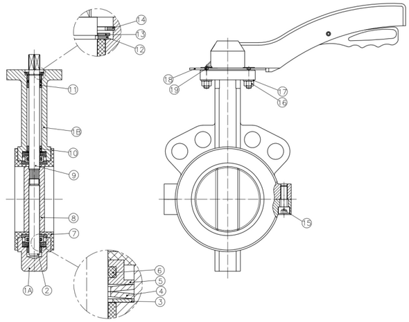 2101-13 - Vlinderklep DN125 GY PTFE + RVS 316 disc, PN16, PTFE - technische tekening
