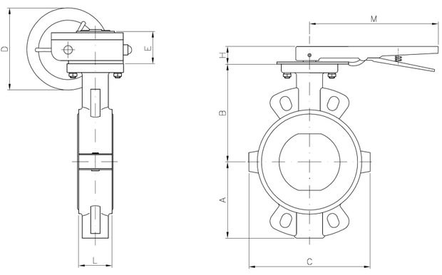 2104-13 - Vlinderklep DN125 RVS 316/PTFE, PN16 HW bediening - technische tekening