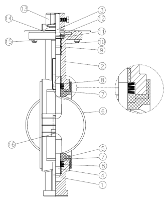 2104-13 - Vlinderklep DN125 RVS 316/PTFE, PN16 HW bediening - technische tekening