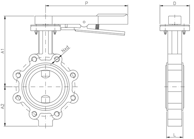 2108-09 - Vlinderklep DN50 GY + RVS 316 disc, PN16 "lug" EPDM - technische tekening