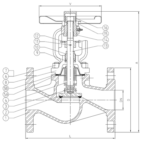 2231-16 - Klepafsluiter DN200 (8") PN16, GS-C25 ASTM A216 WCB - technische tekening