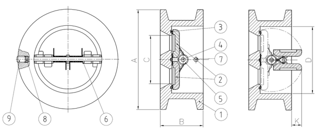 2401-20 - Terugslagklep DN300 GG-25 type Wafer disc-veer-as RVS 316 / PN16 - technische tekening