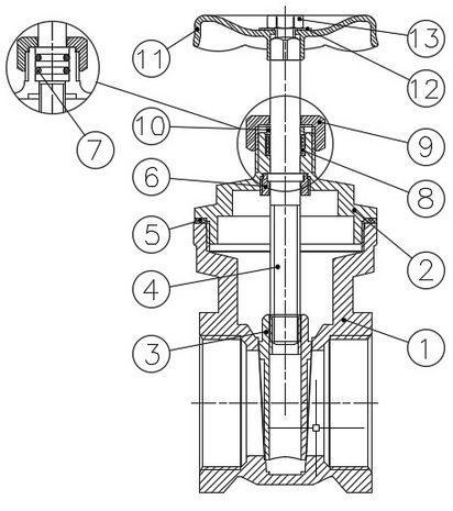 3220-10 - Schuifafsluiter messing 2-1/2" PN16 stalen handwiel - technische tekening