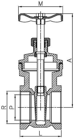 3220-12 - Schuifafsluiter messing 4" PN16 stalen handwiel - technische tekening