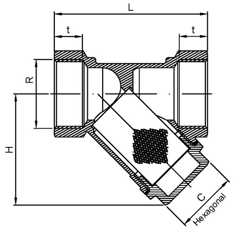 3302-07 - Messing Y-filter 1-1/4" vuilvanger 500 micron PN16 - technische tekening