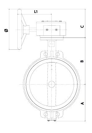 5108-10 - Vlinderklep DN65 GY + RVS 316 disc, PN10 "lug" EPDM, HW bediening - technische tekening
