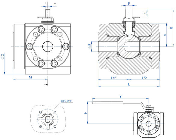 VM504F00ABA0AAQNV000 - Omal MAGNUM kogelkraan 3-weg DN15 (&frac12;") PN 16 RVS 316 (A182 F316) Full Bore - Vrije as (free shaft, ISO 