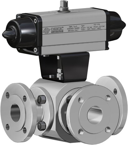 ST308F03ABA0AEQNV000AFKA0 - Omal THOR 3-weg kogelkraan DN40 (1 1/2") T-port PN 16-40 RVS 316 - SR pneumatisch