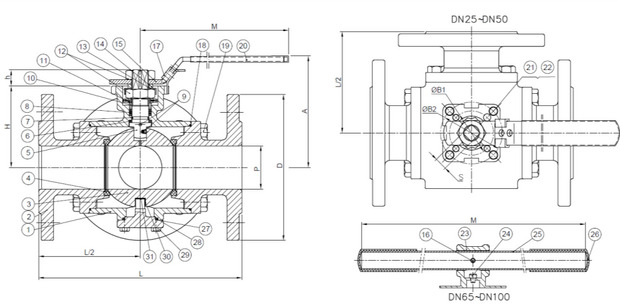 2540E-07 - Kogelkraan 3-weg L-boring 1-1/4" flens (DN32) RVS 316 - technische tekening