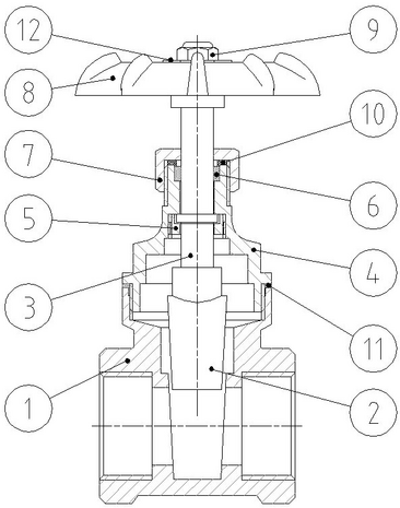 3221-04 - Schuifafsluiter messing 1/2" PN20 ALU. handwiel - technische tekening