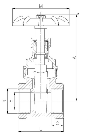 3221-06 - Schuifafsluiter messing 1" PN20 ALU. handwiel - technische tekening