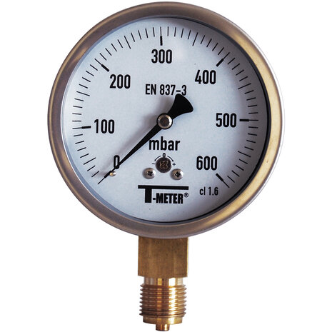 1635002 - RVS manometer 1635 droog radiaal &Oslash;100 BSP 1/2" klasse 1 0/100 mbar (gascapsule)