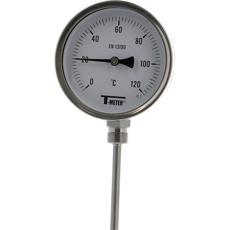 1681004 - RVS thermometer 1681 radiaal &Oslash;100 BSP 1/2" dompelbuis 100mm 0/+200&deg;C