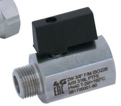 606009 60810 - 4G Ghidini 2-weg RVS 316L mini kogelkraan, nylon hendel, ISO 228 binnen-/buitendraad, volle doorlaat, maa