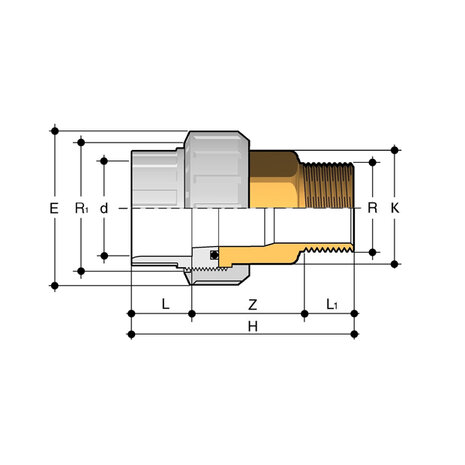 BIROC025034E - PVC-C 3-delige koppeling BIROC EPDM lijmmof d25 (DN20) x 3/4"