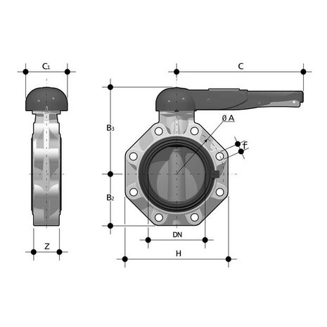 FKOCLM160E - PVC-C Vlinderklep FKOC EPDM flens d160 (DN150)