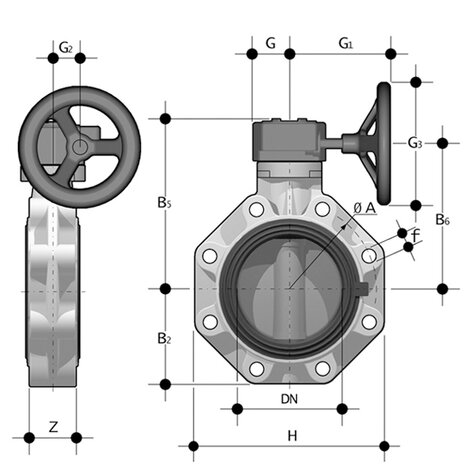 FKOVRM075E - PVC-U Vlinderklep FKOV EPDM flens d75 (DN65) wormwielkast