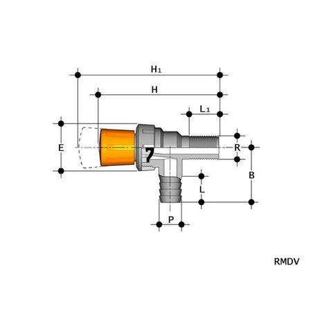 RMRPV012020E - PVC-U Hoekmembraanafsluiter RMRPV EPDM buitendraad 1/2"